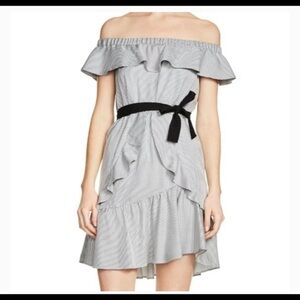 Maje Off-Shoulder Striped Mini Dress - Black and White